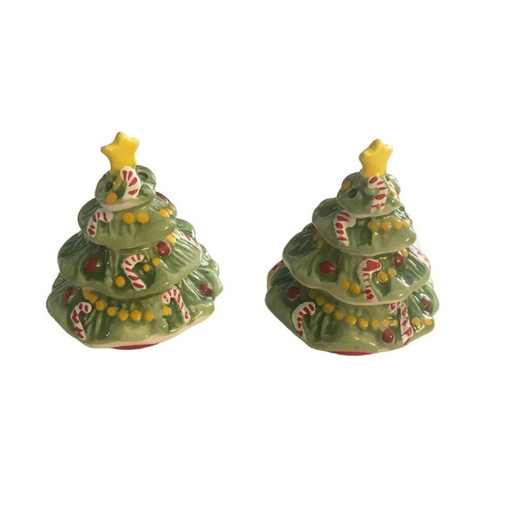 Omnibus OCI (Fitz & Floyd) "Christmas Tree" Salt & Pepper Shakers Set Xmas Box - Picture 4 of 8